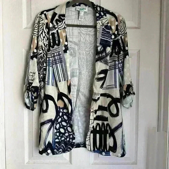 Joseph Ribkoff Abstract Woven Blazer Style Beige Blue Coastal Sz 8 - Picture 1 of 6